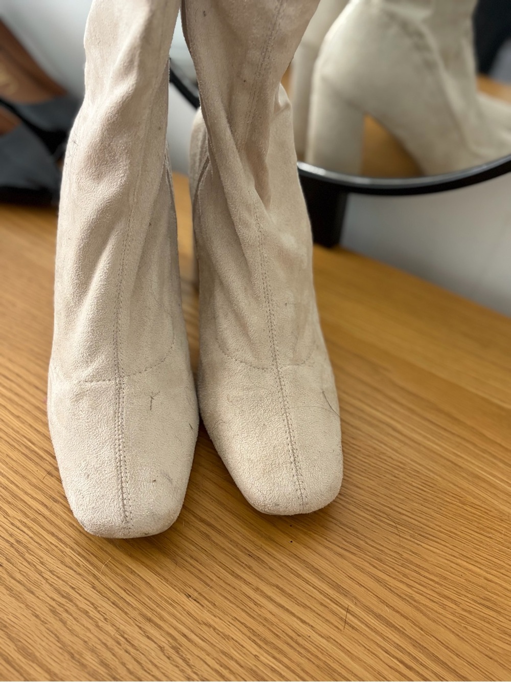 Beige Suede Slouchy Block Heel Boots
